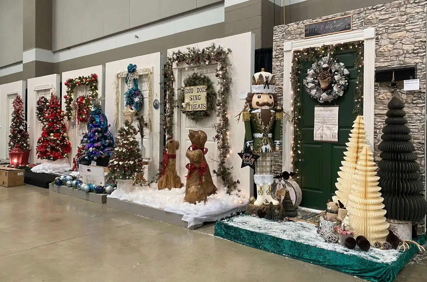 Christmas holiday decorations with trees, wreaths, and ornaments at The Cultural Trust.