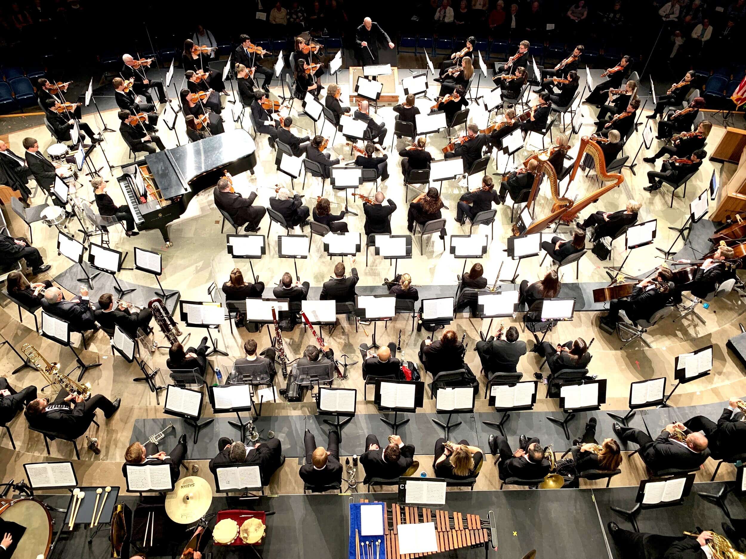 Orchestra performing on stage with musicians playing various instruments, including strings, woodwin.