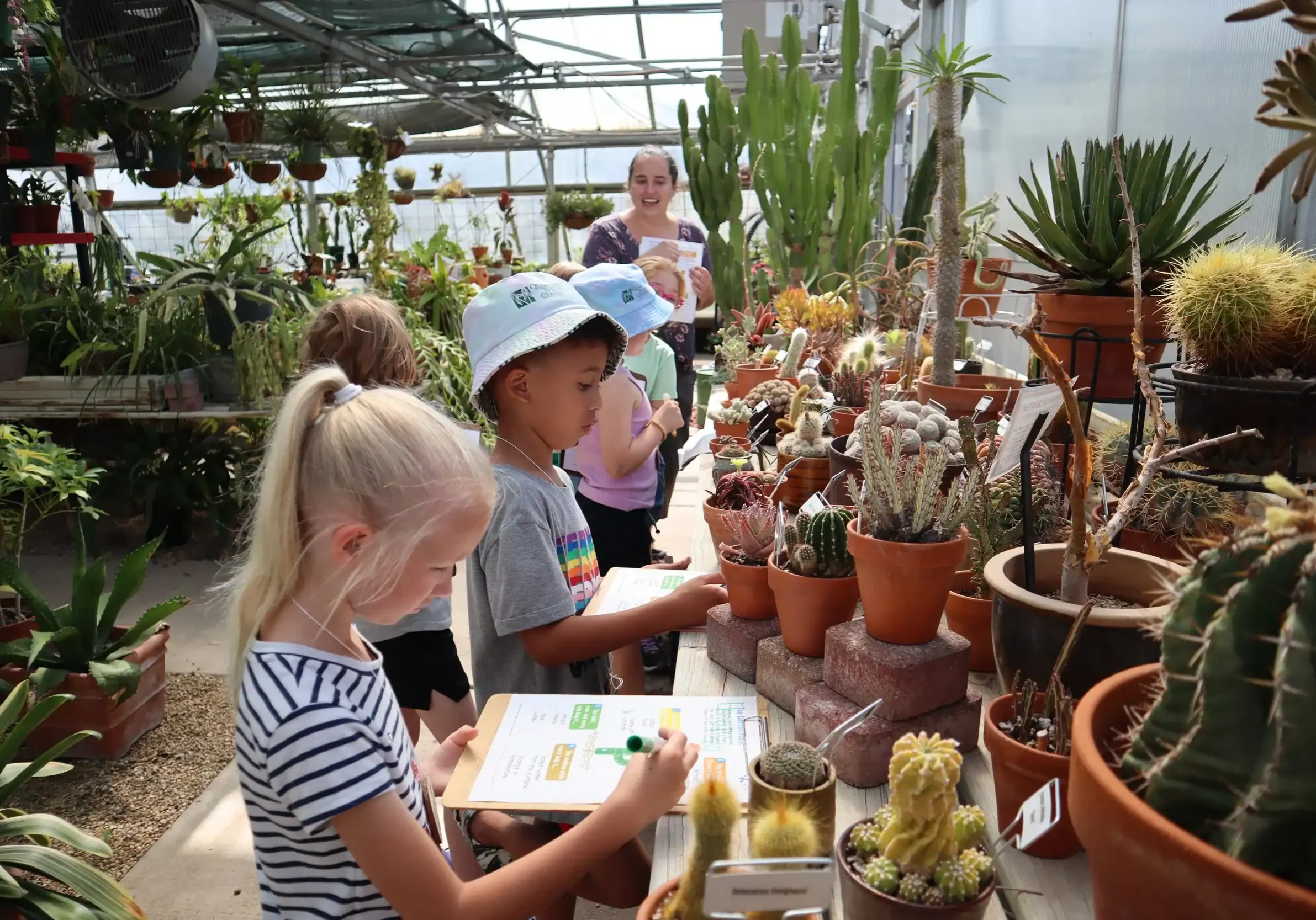 Children exploring cactus and succulent plants during a workshop at The Cultural Trust greenhouse.
