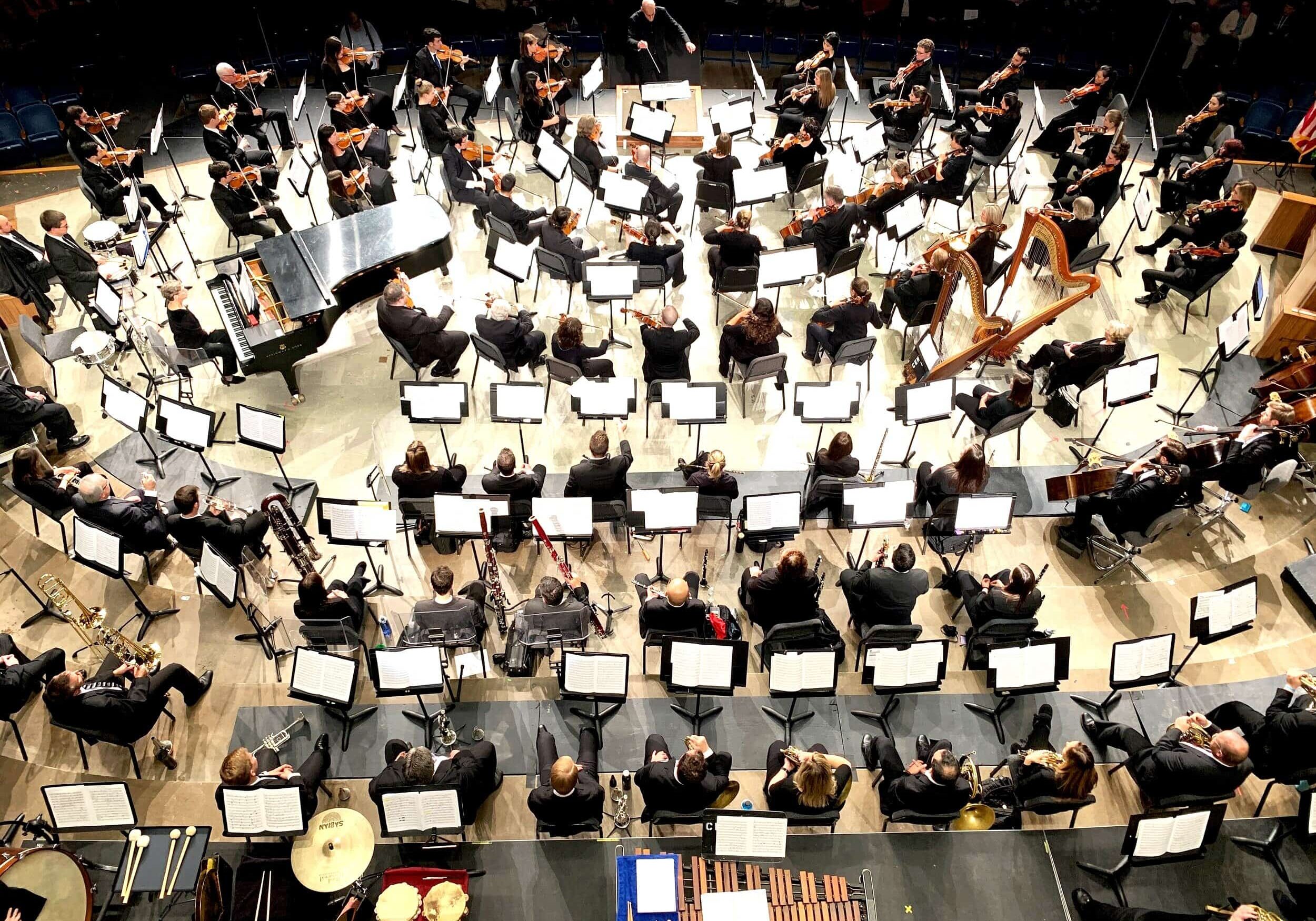 Orchestra performing on stage with musicians playing various instruments, including strings, woodwin.